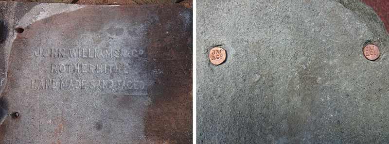 The company’s name and initials stamped on the back of a roof tile and on nail heads