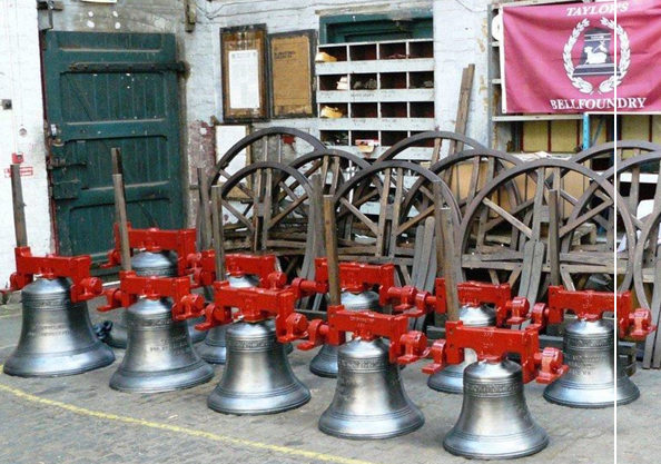 A new ring of ten bells with fittings awaiting dispatch from the Foundry. 0n8016
