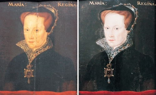 Painting on board before and after repair