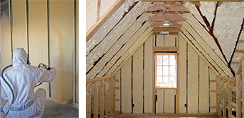 Foams are spray-applied as a two-component mixture that expands 100-fold within seconds of application, sealing all gaps, service holes and hard to reach voids (left). Open cell is extremely vapour open and will allow moisture vapour to pass freely through it, allowing the building to breathe naturally