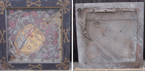 An early 18th century hatchment at St Michael the Archangel, Kirklington, N Yorks: the front and rear of the hatchment before restoration (above) with details (below left) showing the edge of the hatchment pulling away from the frame and the flaking paint surface).